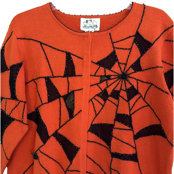 Quacker Factory Halloween Beaded Spiderweb Cardigan Womens Sz L Orange Black NEW - Picture 3 of 16